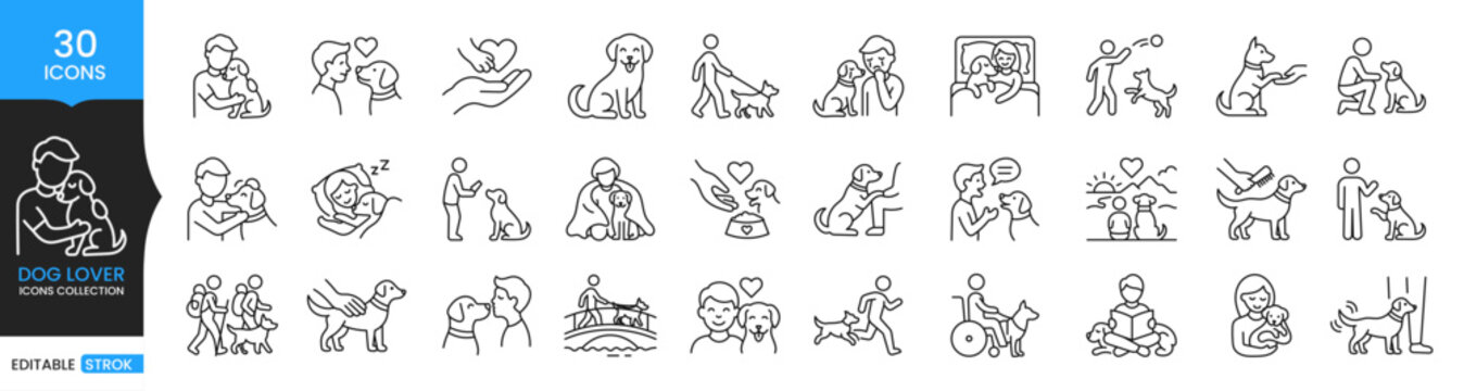 Dog Lover Icons Set, Pet Care Outline Icons Collection, Dog Walking, Puppy, Veterinary, Animal Shelter, Editable Stroke Vector Icon Pack