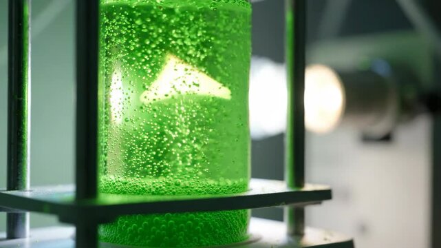 Green liquid bubble in laboratory glass container under metal frame with blurred background light testing equipment illumination