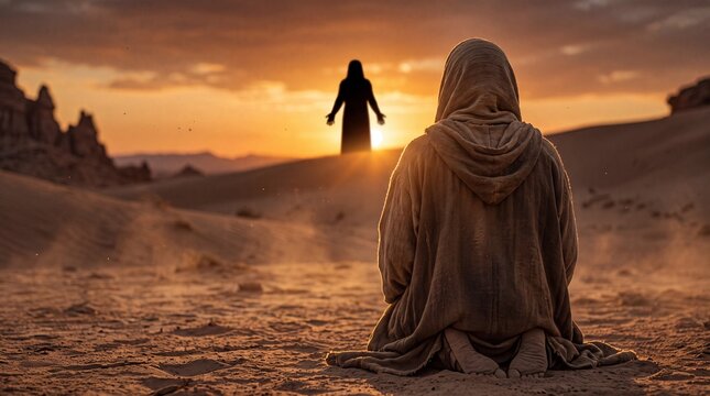 A person in hooded robes sits on sand dunes looking toward a distant silhouetted figure standing against a bright desert sunset in a vast landscape