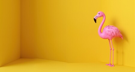 Fototapeta premium Pink flamingo in the corner of empty yellow wall background 3D Rendering, 3D Illustration 