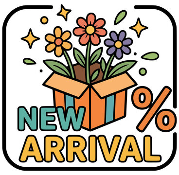 Cartoon flat outline vector badge featuring 'NEW ARRIVAL' text with flowers bursting from an open box and a percent symbol. Clean line art for e-commerce promo banner.