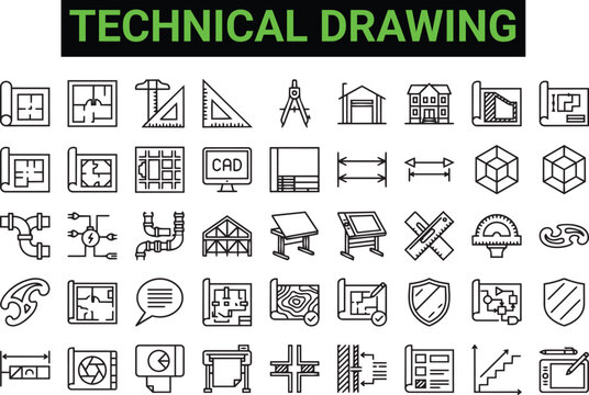 Technical Drawing Icons Set with Blueprint Architecture Plan CAD Screen Drafting Table Ruler Compass House Project and Engineering Linear Vector Elements