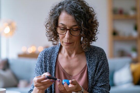 Woman checking blood sugar levels with a glucose meter at home