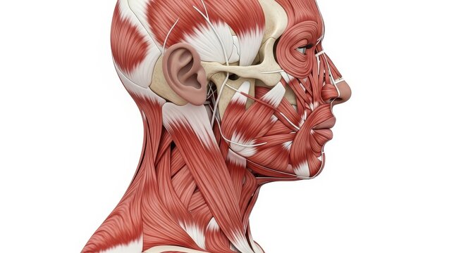 Detailed 3D Medical Illustration of the Human Head and Neck Muscular System Anatomy Isolated on White Background