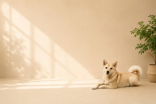 Cute Jindo Mix Dog Relaxing in a Sunlit Modern Living Room