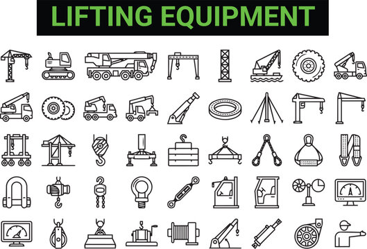 Lifting Equipment Icons Set with Mobile Crane Construction Truck Hook Hoist Cargo Rigging Machinery and Industrial Engineering Linear Vector Elements
