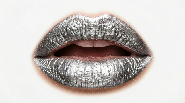 Metallic silver lips, shiny lip gloss, close-up mouth, beauty makeup, glamorous pout