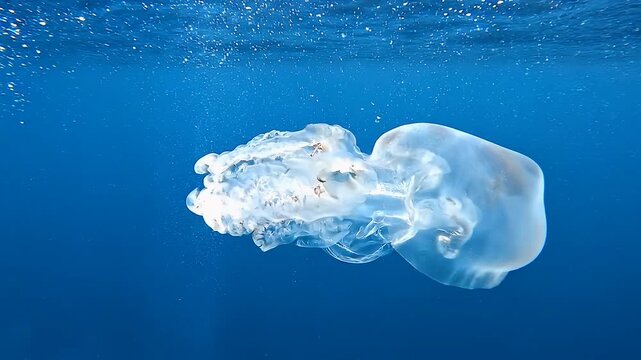 Medusa transl&uacute;cida flotando bajo la superficie del oc&eacute;ano azul, iluminada por sutiles rayos de sol que se filtran en el agua limpia.