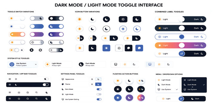 Dark mode light mode toggle interface variations flat icon set on white background switch button system appearance theme control setting navigation app bar panel floating