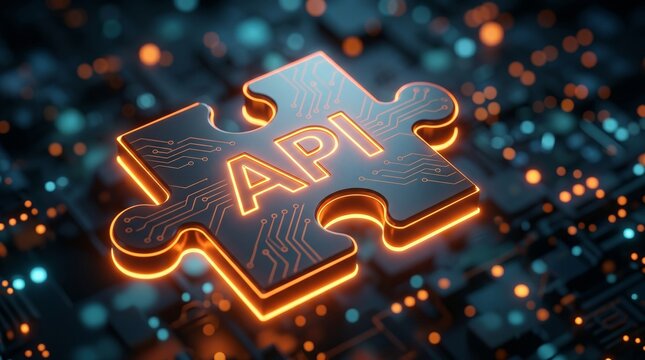 Futuristic application programming interface concept showing an illuminated API puzzle element connected to a macro motherboard indicating high-speed digital communication and system architecture