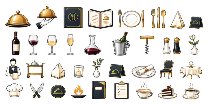 Restaurant themed vector illustrations with dining elements tableware and service items cutlery food beverage wine glass bottle plate silverware napkin chair waiter menu candle champagne