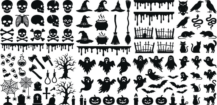 Spooky Halloween Silhouette Element Vector Set with Creepy Ghost Skull Witch Hat Haunted Tree Raven Cat and Graveyard Cemetery Icons Collection
