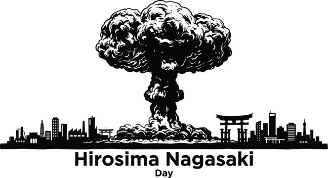 Hiroshima Nagasaki Day memorial illustration vector banner with atomic nuclear bomb mushroom cloud over Japanese city skyline silhouette