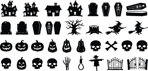 Spooky Halloween Cemetery Silhouette Vector Set with Haunted House Pumpkin Skull Coffin Witch Tombstone and Creepy Graveyard Elements Graphic Design Icons © MdSirazul