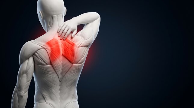 3D anatomical model showing a human back with highlighted pain in the upper back and shoulder blade region, indicating muscle discomfort or injury.