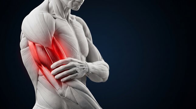 A 3D anatomical rendering of a male human arm and torso, highlighting the biceps and triceps muscles in red to indicate pain or injury.