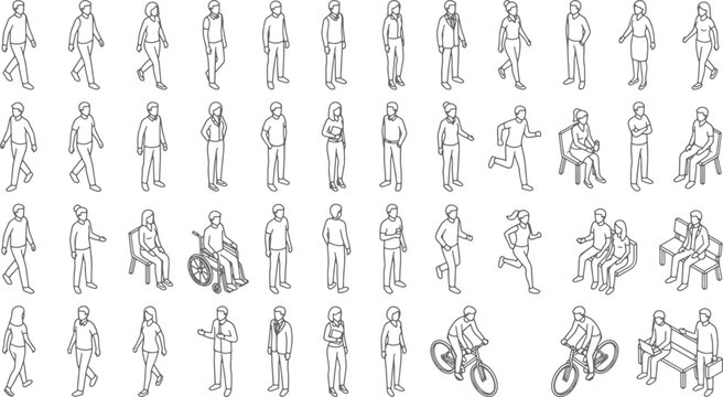 Isometric people collection with diverse characters walking sitting and cycling in a simple black line art style
