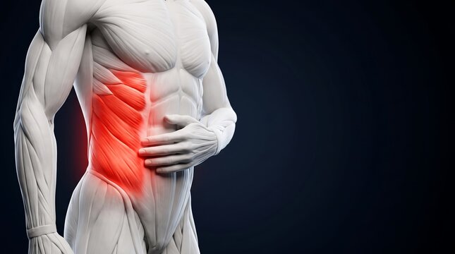 3D rendering of a male torso with highlighted abdominal oblique muscles indicating pain or discomfort.