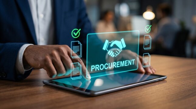 Futuristic business procurement strategy dashboard showing a glowing partnership handshake icon over a tablet representing digital contract management and smart corporate supply chain operations