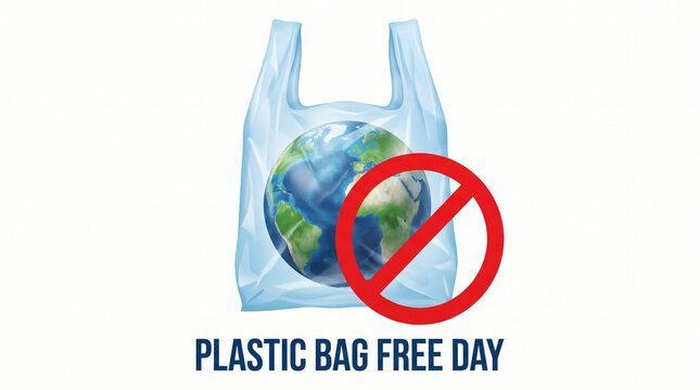 Plastic Bag Free Day concept, planet earth trapped in a blue plastic bag with red prohibition sign, environmental conservation and zero waste awareness