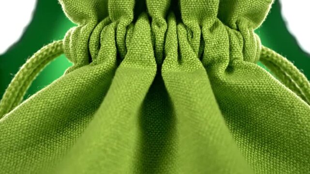 Green velvet drawstring bag closeup details.