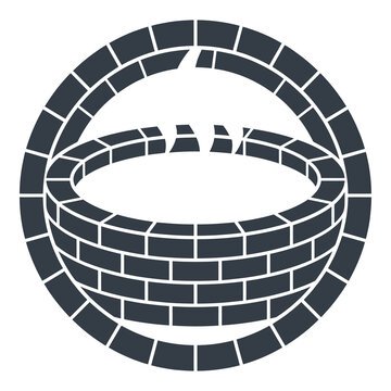 Gray brick wall circle with broken top section in white space icon