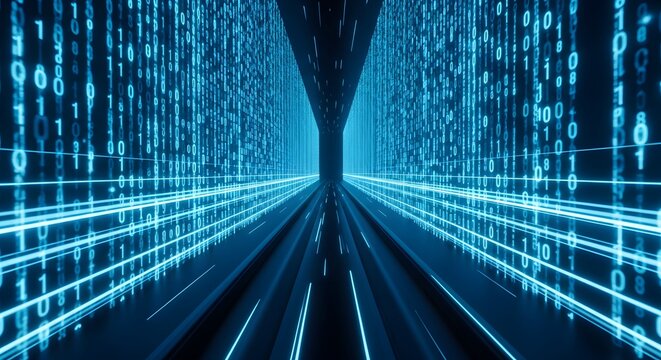 Blue cyberspace tunnel with binary code and data light