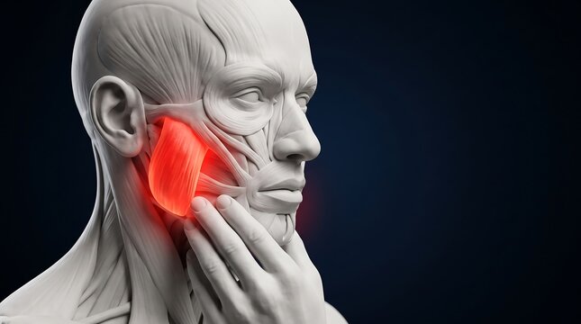 3D rendering of a human head with facial muscles highlighted, showing pain in the jaw area, possibly related to TMJ or muscle discomfort.