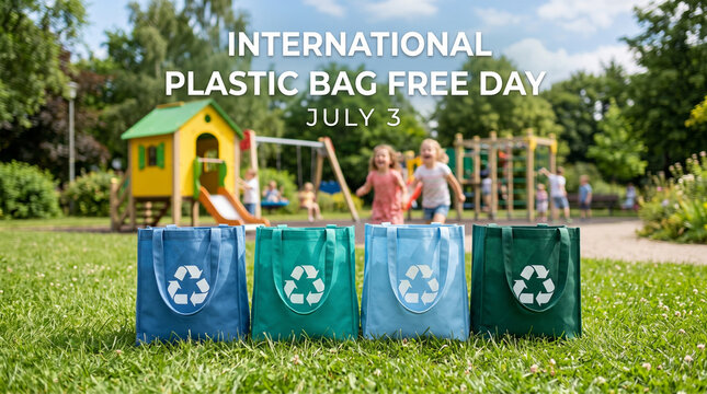 International Plastic Bag Free Day concept with reusable shopping bags, colorful eco-friendly tote bags on park grass, children playing at playground