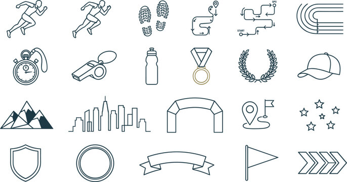 Marathon Running and Track Athletics Line Icon Set Featuring Sprinter Silhouettes Stopwatches Medals and Race Route Maps for Sports Event Branding and Fitness Infographics
