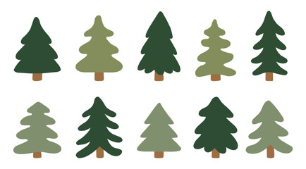 Obraz premium Minimal christmas tree set icon with simple spruce, pine and fir silhouettes. Hand drawn forest clip art. Perfect for simple Christmas decor, winter prints and woodland design