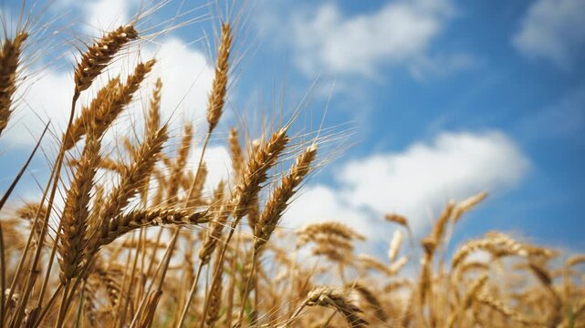 Golden wheat stalks photographed from ground level during the ripening stage. Farming, cereal cultivation, food production and sustainable agriculture concept. 4K.