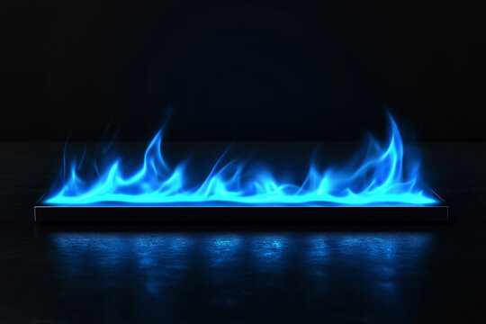 Vibrant blue flames emanate from a rectangular device against a dark backdrop.