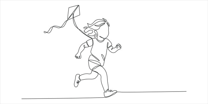 Continuous One Line Drawing of Happy Child Running with Flying Kite Minimalist Line Art Vector Illustration