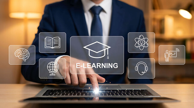 Businessman using laptop with virtual e-learning icon screen for digital education