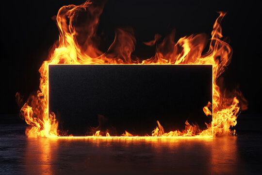A black rectangular frame engulfed in bright flames against a dark background.