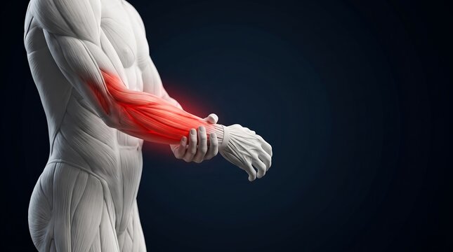 3D rendering of a human arm with a red highlight indicating pain or inflammation in the forearm and wrist muscles and tendons.