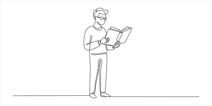 Continuous One Line Drawing of Young Student Standing and Reading Book Minimalist Line Art Vector Illustration