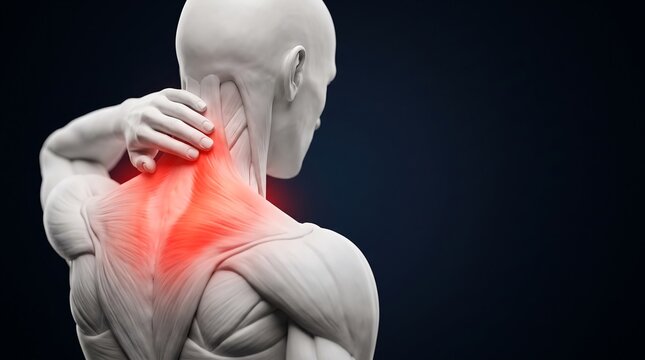 3D rendering of a human male upper back and neck with red highlights indicating pain or discomfort in the shoulder and trapezius muscles.