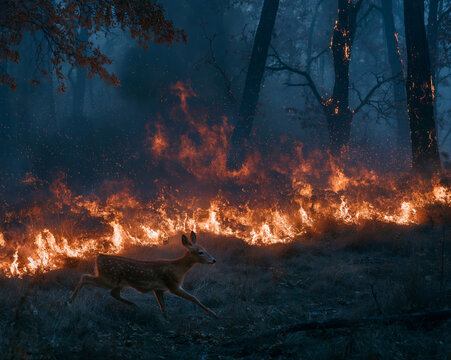 a roe deer runs away from a forest fire