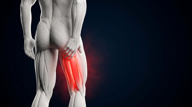 3D Medical Illustration of Hamstring Muscle Pain, Thigh Injury and Leg Anatomy with Red Inflammation Highlight