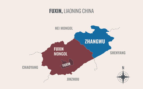 fuxin liaoning Prefacture into County in a minimalist colorful style map showing
