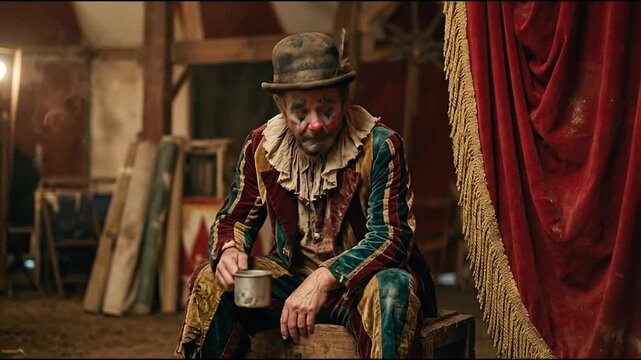 Sad clown sitting on box in circus backstage.
