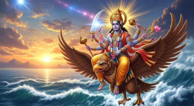 Hindu Goddess Riding Garuda.