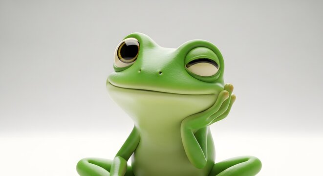 Winking green frog sitting and thinking