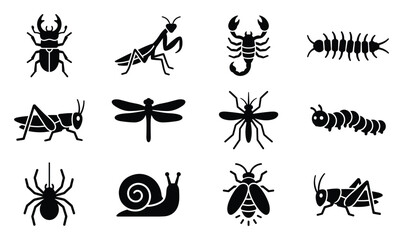 Insect and bug vector icon set with ant beetle scorpion centipede grasshopper dragonfly fly caterpillar spider snail bee black glyph symbols isolated on white © Sami