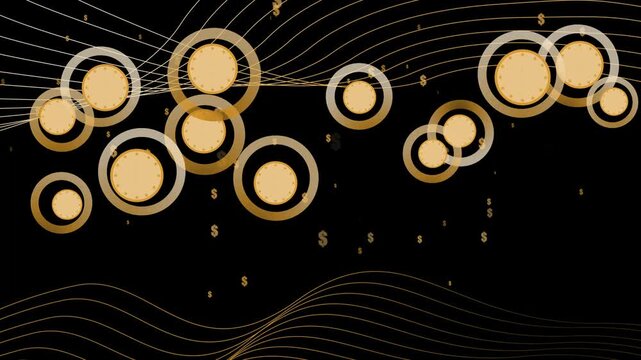 Abstract finance with floating coin icons rings and flowing lines animation