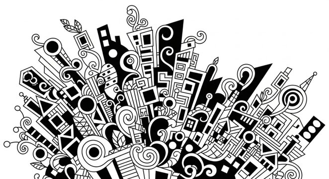 Graphic illustration of various shapes and objects