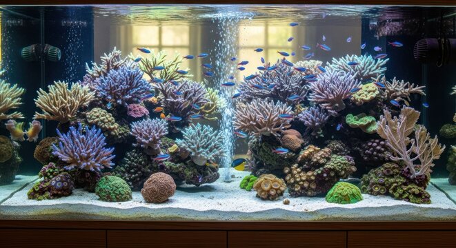 Vibrant coral reef aquarium teeming with colorful fish and corals.