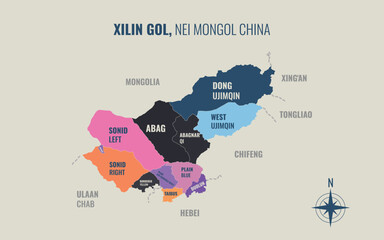 xilin gol nei mongol Prefacture into County in a minimalist colorful style map showing © Weerayuth